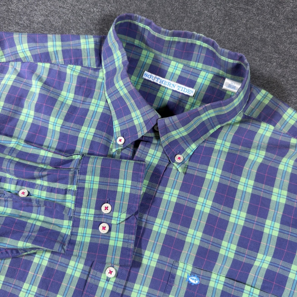 Southern Tide Button Down Shirt Mens Large Blue Green Plaid Long Sleeve Stretch
